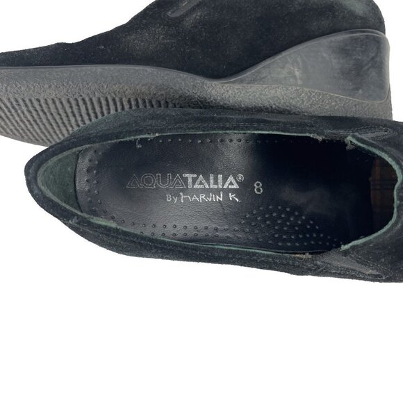 Vintage Aquatalia Marvin K Wedge Black Suede Slip On Shoes Whipstitch Accent s8 - Picture 9 of 9